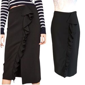 ZARA Black Ruffle Stretch Midi Pencil Skirt - S